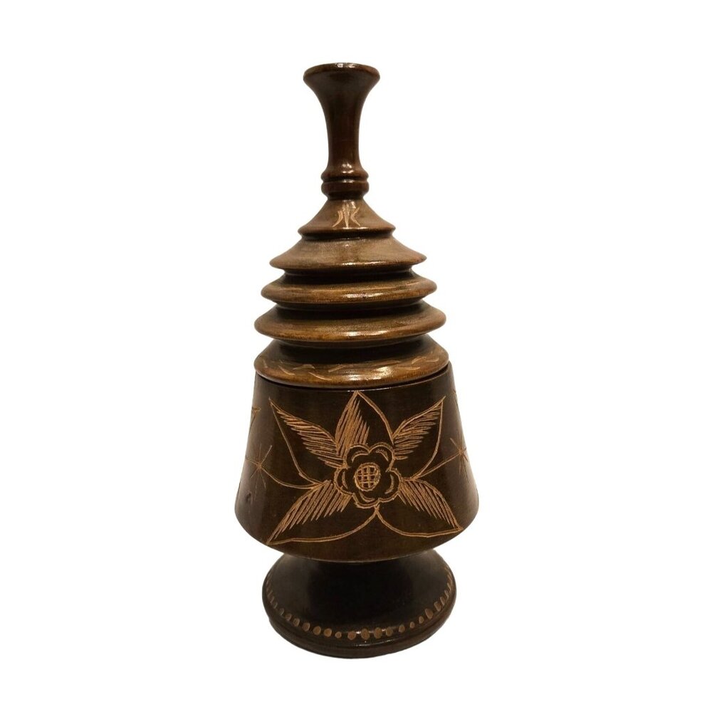 Hand Carved Wood Box, Lidded Finial Top, Round Tower Shaped , Vintage, Unique
